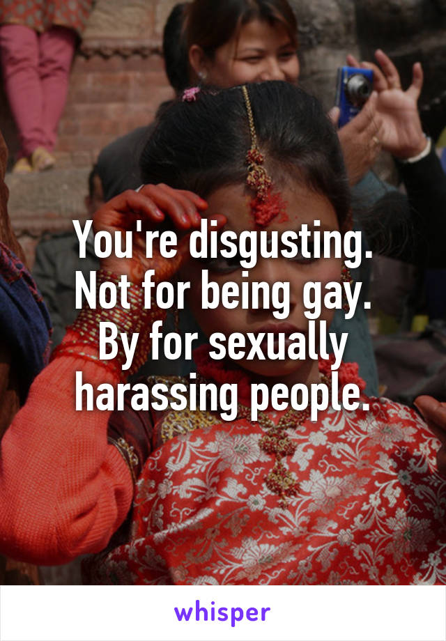 You're disgusting.
Not for being gay.
By for sexually harassing people.