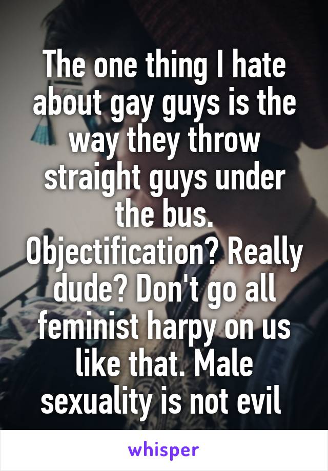 The one thing I hate about gay guys is the way they throw straight guys under the bus. Objectification? Really dude? Don't go all feminist harpy on us like that. Male sexuality is not evil 
