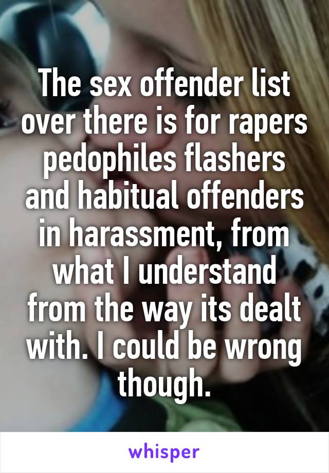 The sex offender list over there is for rapers pedophiles flashers and habitual offenders in harassment, from what I understand from the way its dealt with. I could be wrong though.