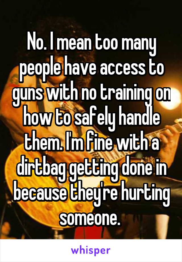 No. I mean too many people have access to guns with no training on how to safely handle them. I'm fine with a dirtbag getting done in because they're hurting someone. 