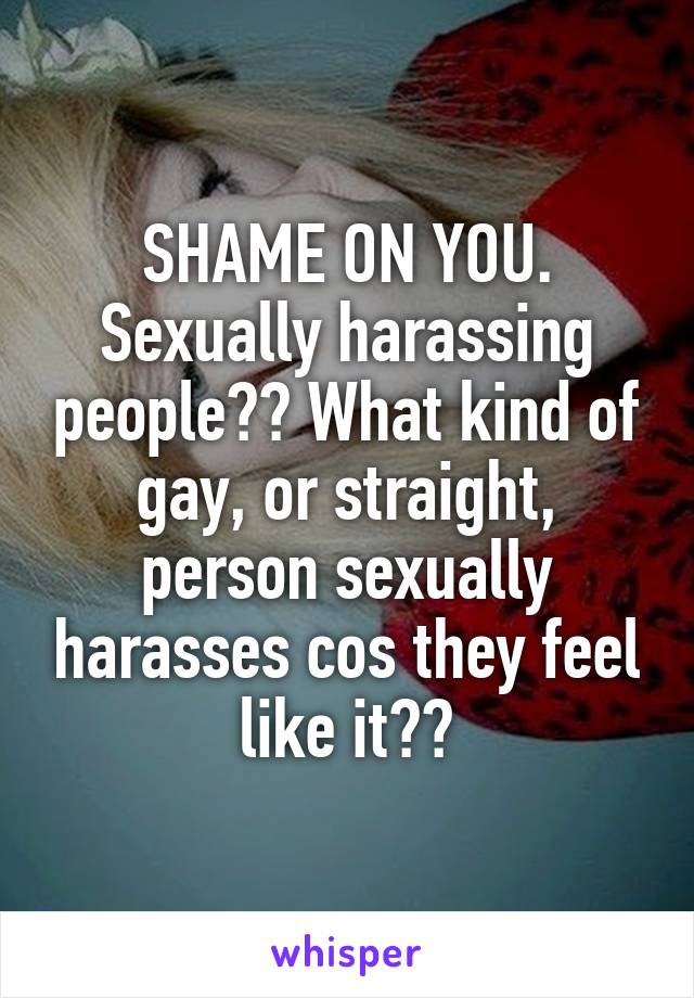 SHAME ON YOU. Sexually harassing people?? What kind of gay, or straight, person sexually harasses cos they feel like it??