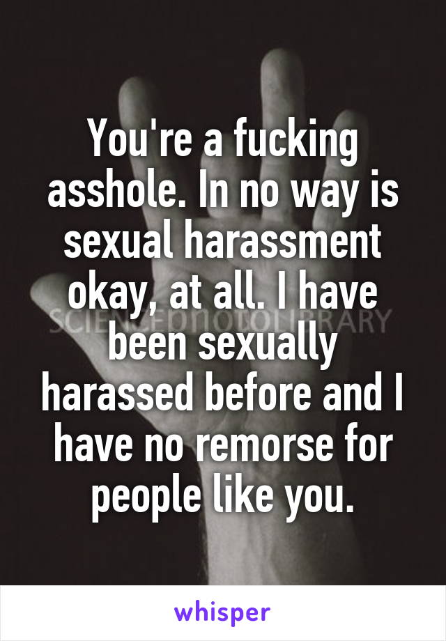 You're a fucking asshole. In no way is sexual harassment okay, at all. I have been sexually harassed before and I have no remorse for people like you.