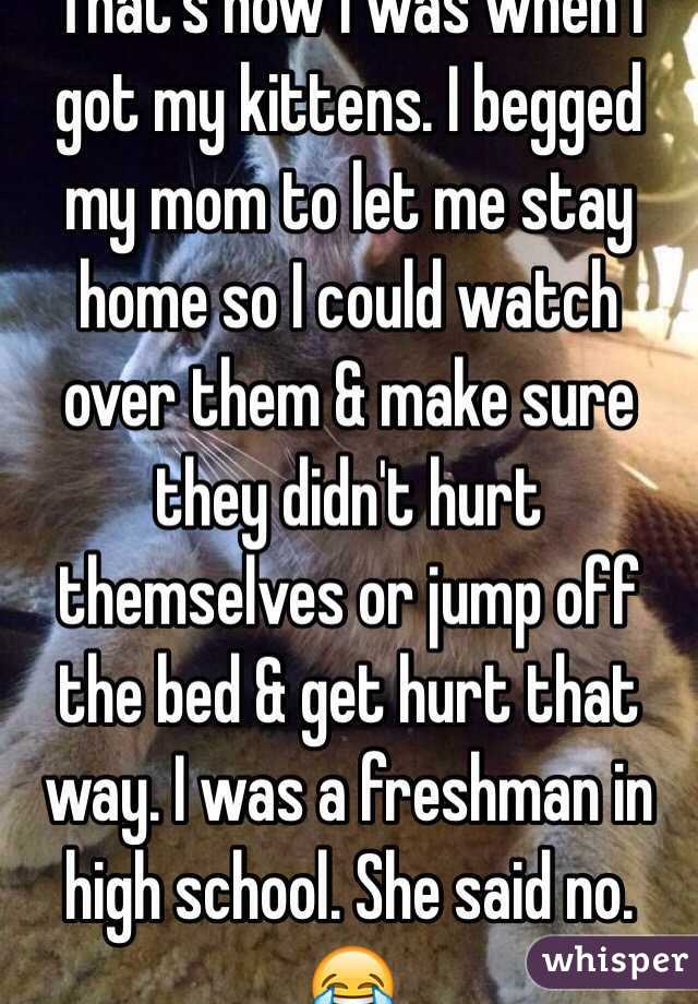 That's how I was when I got my kittens. I begged my mom to let me stay home so I could watch over them & make sure they didn't hurt themselves or jump off the bed & get hurt that way. I was a freshman in high school. She said no. 😂
