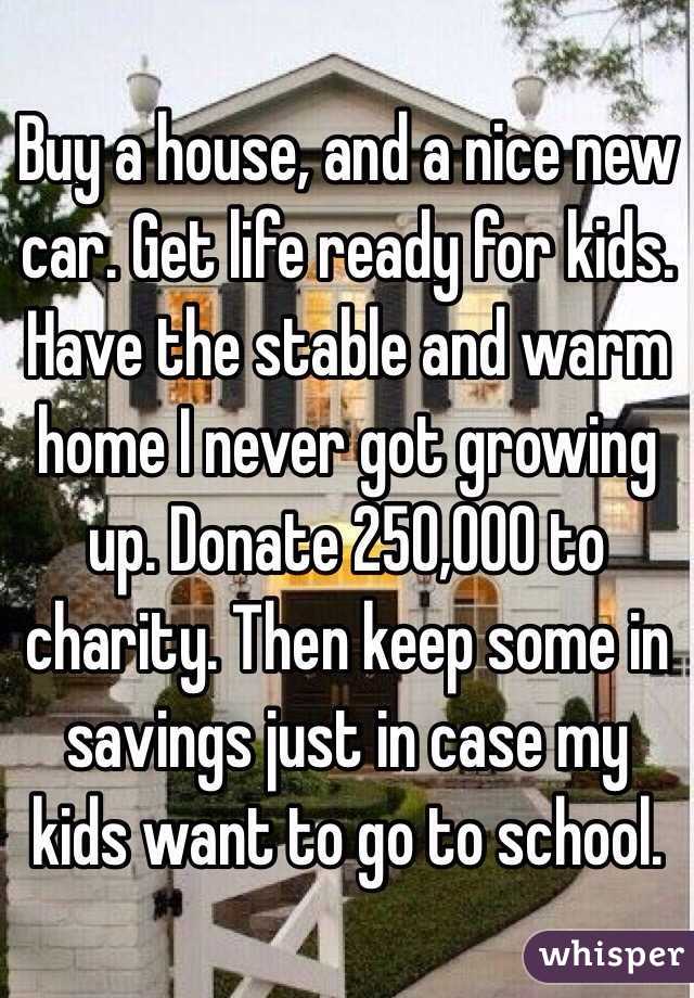 Buy a house, and a nice new car. Get life ready for kids. Have the stable and warm home I never got growing up. Donate 250,000 to charity. Then keep some in savings just in case my kids want to go to school. 