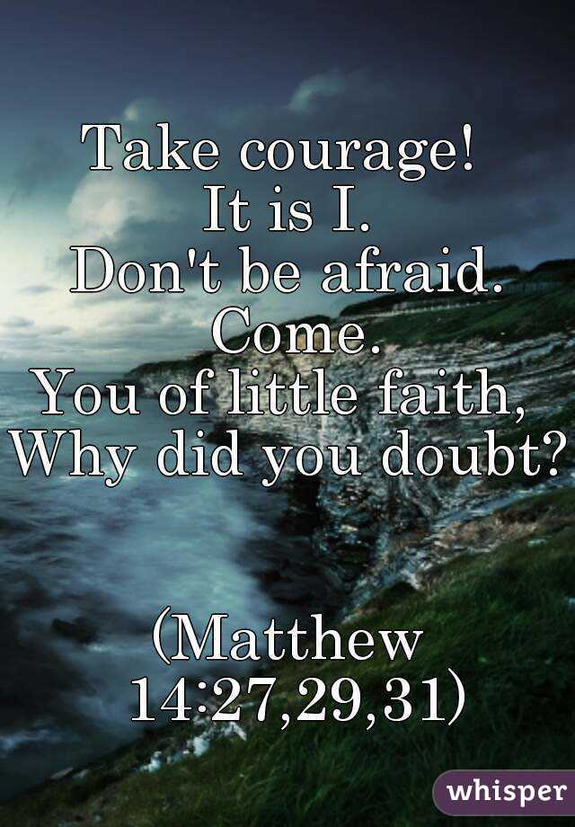 
Take courage! 
It is I.
Don't be afraid.
 Come.
You of little faith, 
Why did you doubt?


(Matthew 14:27,29,31)