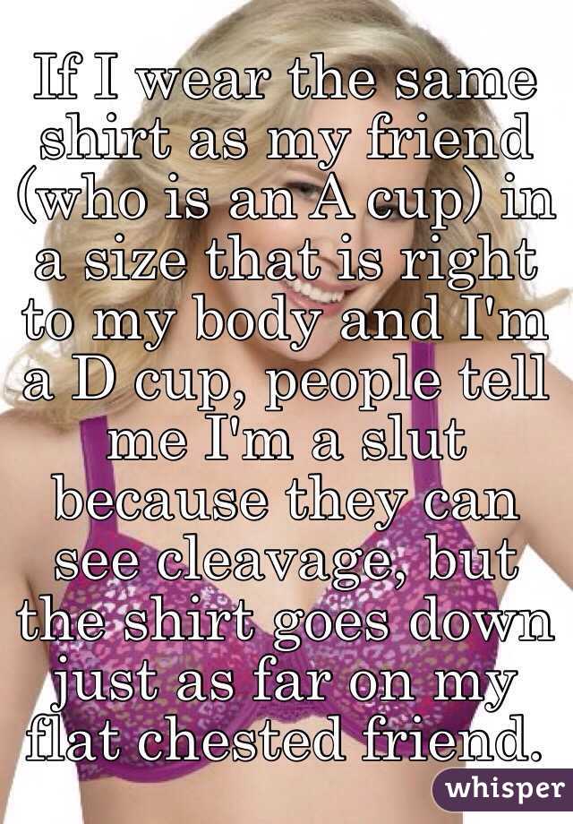If I wear the same shirt as my friend (who is an A cup) in a size that is right to my body and I'm a D cup, people tell me I'm a slut because they can see cleavage, but the shirt goes down just as far on my flat chested friend. 