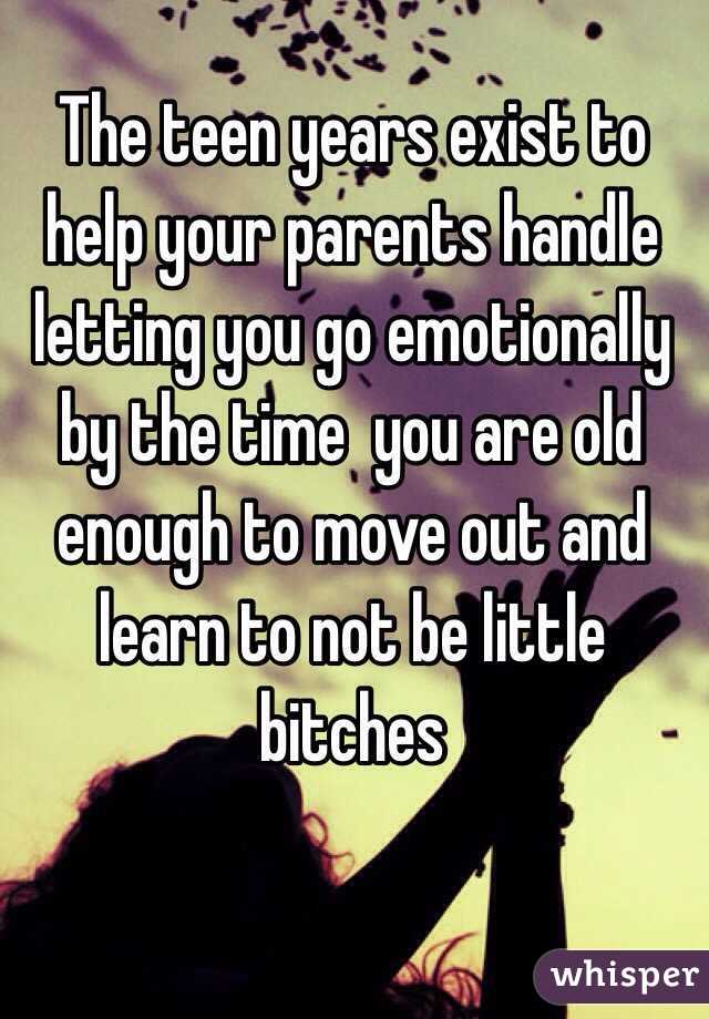 The teen years exist to help your parents handle letting you go emotionally by the time  you are old enough to move out and learn to not be little bitches 