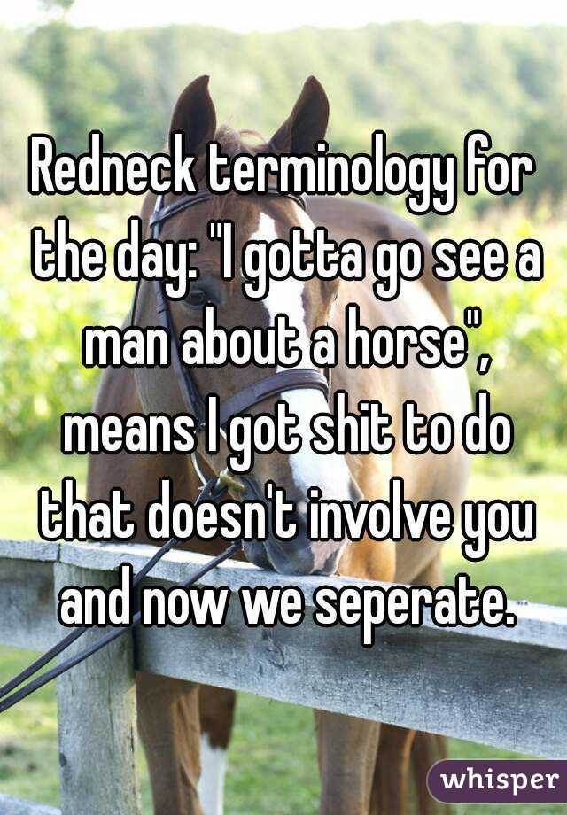 Redneck terminology for the day: "I gotta go see a man about a horse", means I got shit to do that doesn't involve you and now we seperate.