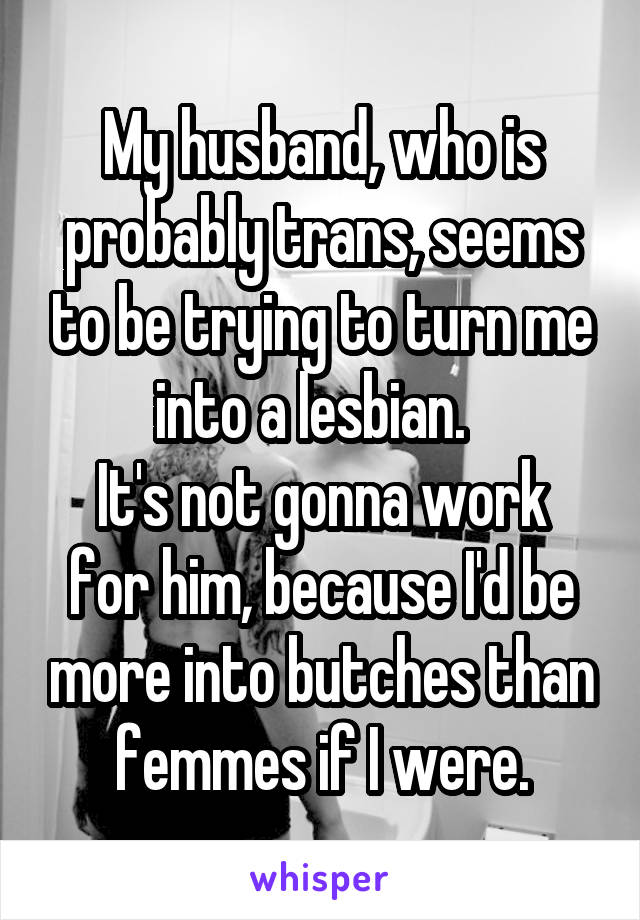 My husband, who is probably trans, seems to be trying to turn me into a lesbian.  
It's not gonna work for him, because I'd be more into butches than femmes if I were.