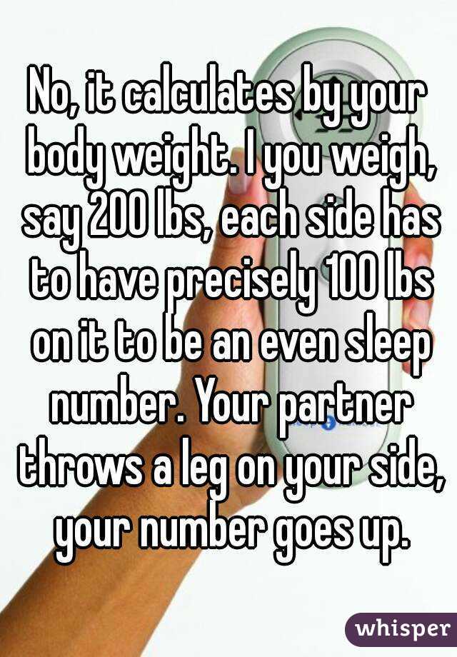 No, it calculates by your body weight. I you weigh, say 200 lbs, each side has to have precisely 100 lbs on it to be an even sleep number. Your partner throws a leg on your side, your number goes up.