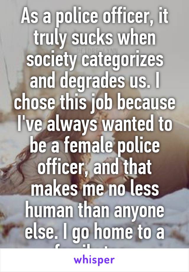 As a police officer, it truly sucks when society categorizes and degrades us. I chose this job because I've always wanted to be a female police officer, and that makes me no less human than anyone else. I go home to a family too. 