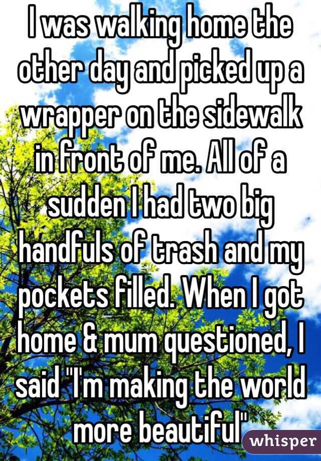 I was walking home the other day and picked up a wrapper on the sidewalk in front of me. All of a sudden I had two big handfuls of trash and my pockets filled. When I got home & mum questioned, I said "I'm making the world more beautiful"
