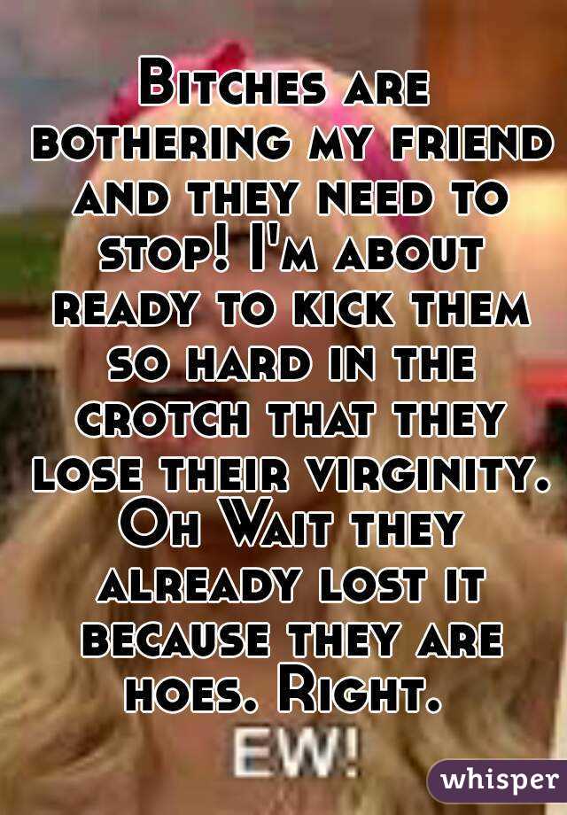 Bitches are bothering my friend and they need to stop! I'm about ready to kick them so hard in the crotch that they lose their virginity. Oh Wait they already lost it because they are hoes. Right. 