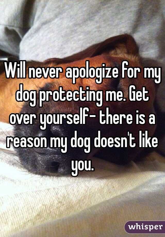Will never apologize for my dog protecting me. Get over yourself- there is a reason my dog doesn't like you.