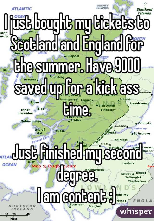 I just bought my tickets to Scotland and England for the summer. Have 9000 saved up for a kick ass time. 

Just finished my second degree. 
I am content :)