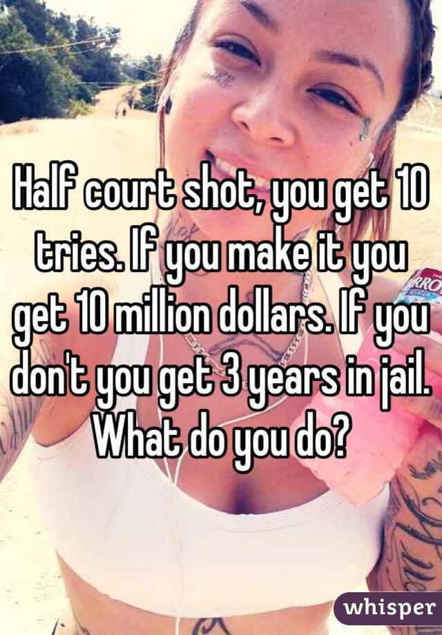 Half court shot, you get 10 tries. If you make it you get 10 million dollars. If you don't you get 3 years in jail. What do you do?