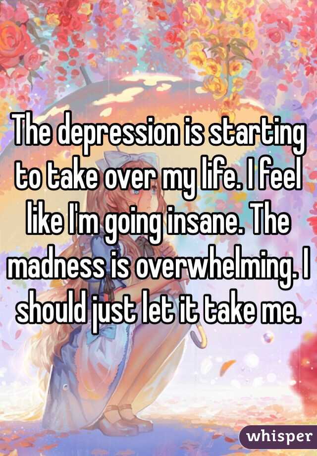 The depression is starting to take over my life. I feel like I'm going insane. The madness is overwhelming. I should just let it take me. 
