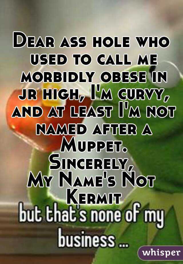 Dear ass hole who used to call me morbidly obese in jr high, I'm curvy, and at least I'm not named after a Muppet.
Sincerely,
My Name's Not Kermit