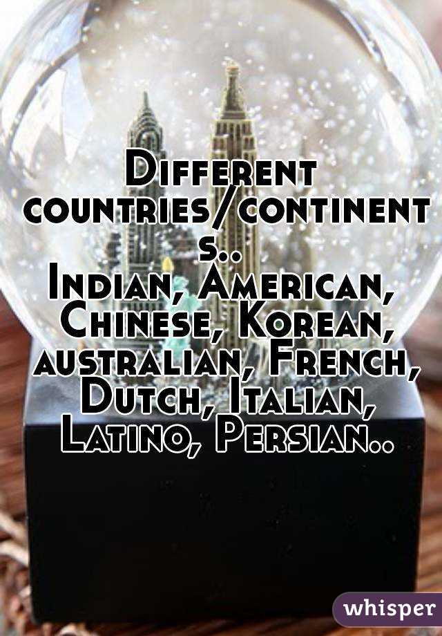 Different countries/continents..
Indian, American, Chinese, Korean, australian, French, Dutch, Italian, Latino, Persian..