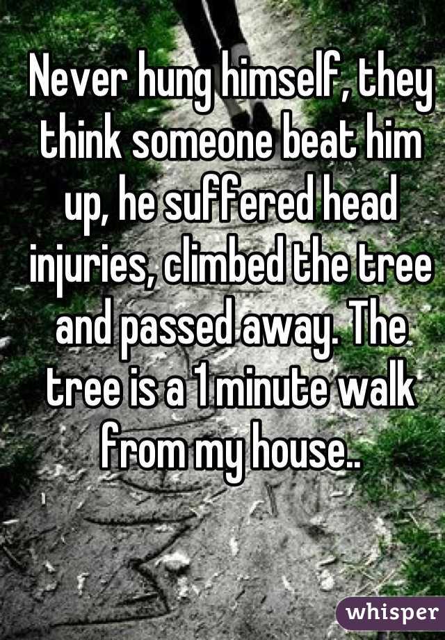 Never hung himself, they think someone beat him up, he suffered head injuries, climbed the tree and passed away. The tree is a 1 minute walk from my house..
