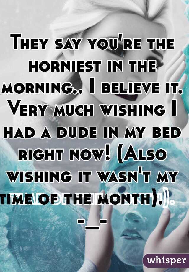 They say you're the horniest in the morning.. I believe it. Very much wishing I had a dude in my bed right now! (Also wishing it wasn't my time of the month).     -_-