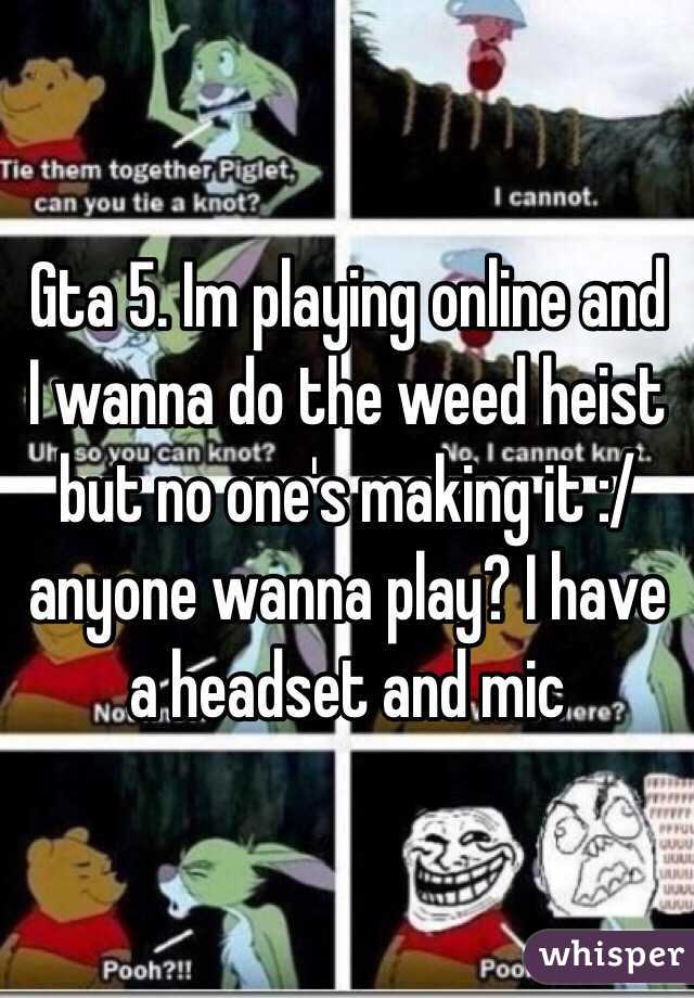 Gta 5. Im playing online and I wanna do the weed heist but no one's making it :/ anyone wanna play? I have a headset and mic