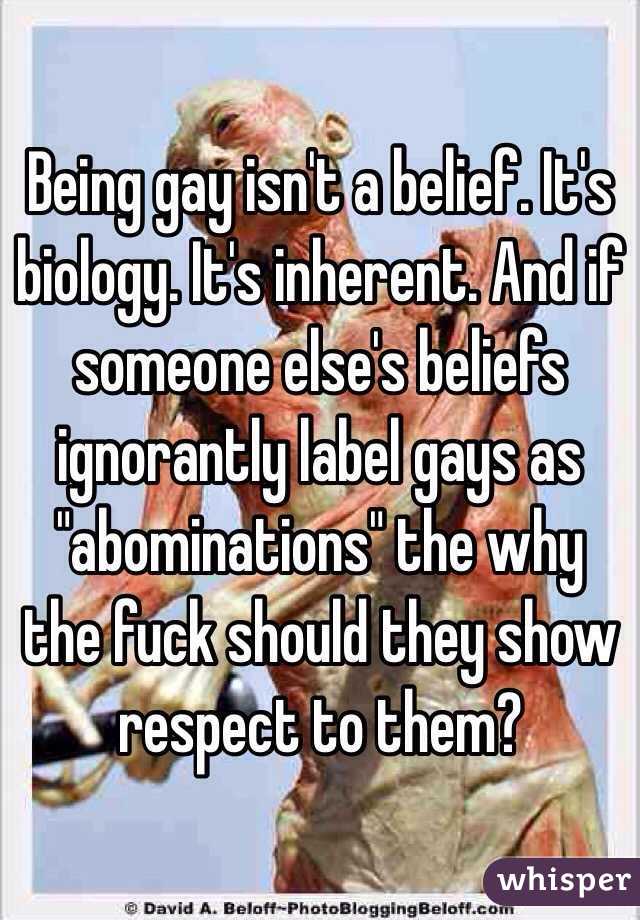 Being gay isn't a belief. It's biology. It's inherent. And if someone else's beliefs ignorantly label gays as "abominations" the why the fuck should they show respect to them? 