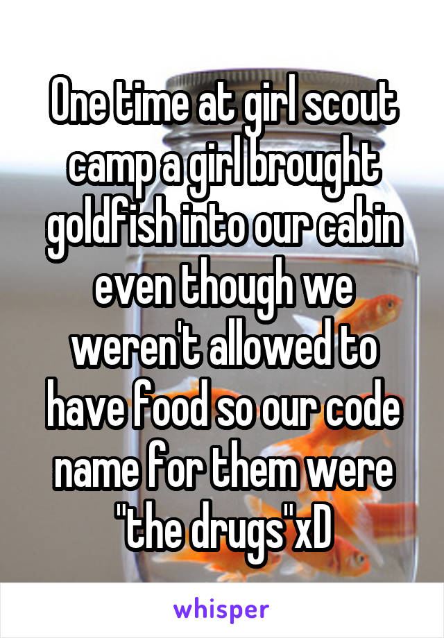 One time at girl scout camp a girl brought goldfish into our cabin even though we weren't allowed to have food so our code name for them were "the drugs"xD