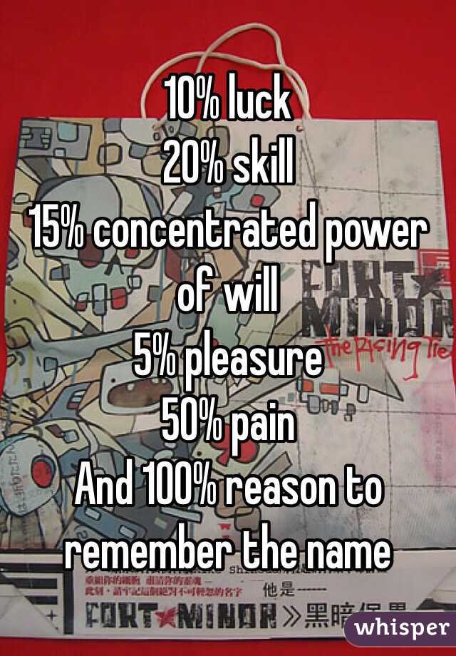 10% luck
20% skill
15% concentrated power of will
5% pleasure 
50% pain
And 100% reason to remember the name
