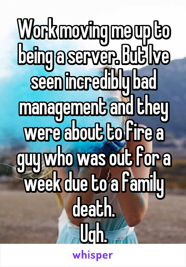 Work moving me up to being a server. But Ive seen incredibly bad management and they were about to fire a guy who was out for a week due to a family death.
Ugh.