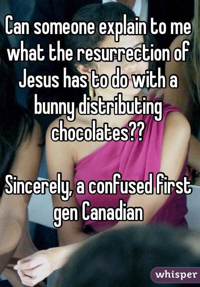 Can someone explain to me what the resurrection of Jesus has to do with a bunny distributing chocolates?? 

Sincerely, a confused first gen Canadian 