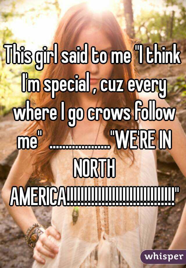 This girl said to me "I think I'm special , cuz every where I go crows follow me"  ..................."WE'RE IN NORTH AMERICA!!!!!!!!!!!!!!!!!!!!!!!!!!!!!!!"