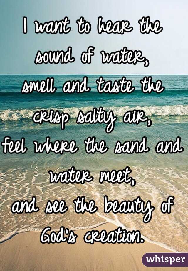 I want to hear the sound of water, 
smell and taste the crisp salty air, 
feel where the sand and water meet, 
and see the beauty of God's creation. 