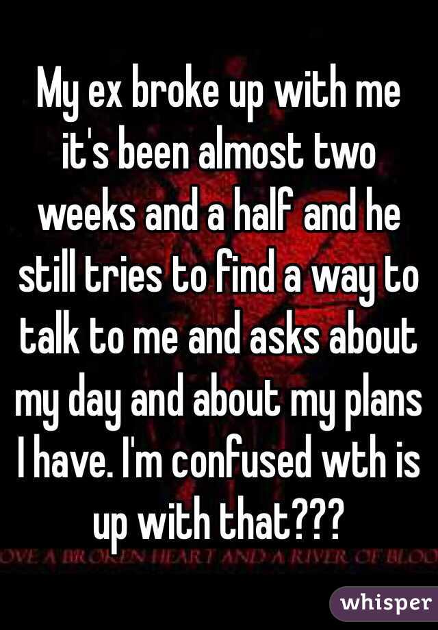 My ex broke up with me it's been almost two weeks and a half and he still tries to find a way to talk to me and asks about my day and about my plans I have. I'm confused wth is up with that???
