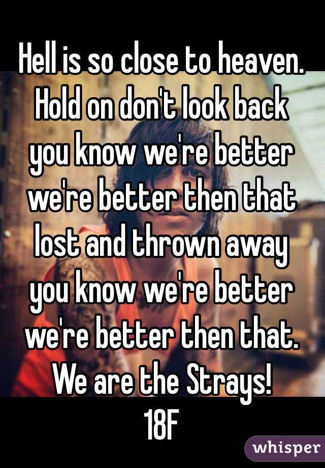 Hell is so close to heaven. 
Hold on don't look back 
you know we're better we're better then that 
lost and thrown away 
you know we're better we're better then that. 
We are the Strays!
18F