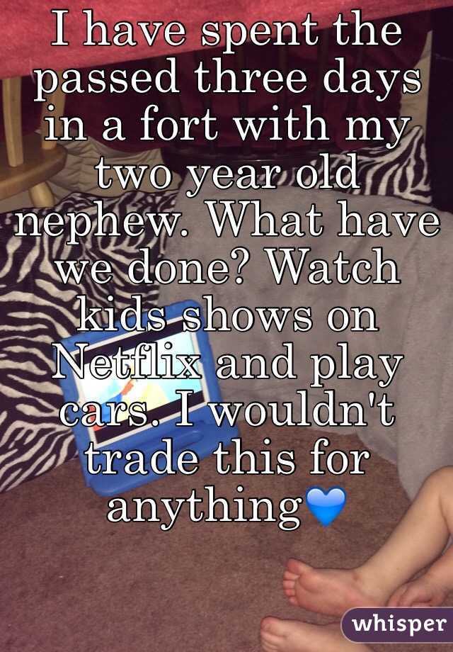 I have spent the passed three days in a fort with my two year old nephew. What have we done? Watch kids shows on Netflix and play cars. I wouldn't trade this for anything💙