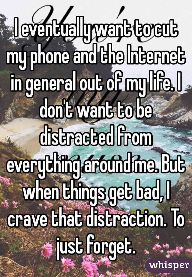 I eventually want to cut my phone and the Internet in general out of my life. I don't want to be distracted from everything around me. But when things get bad, I crave that distraction. To just forget.