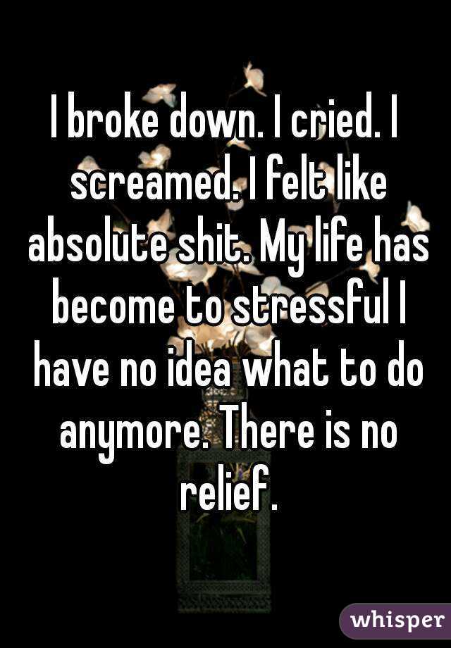 I broke down. I cried. I screamed. I felt like absolute shit. My life has become to stressful I have no idea what to do anymore. There is no relief.