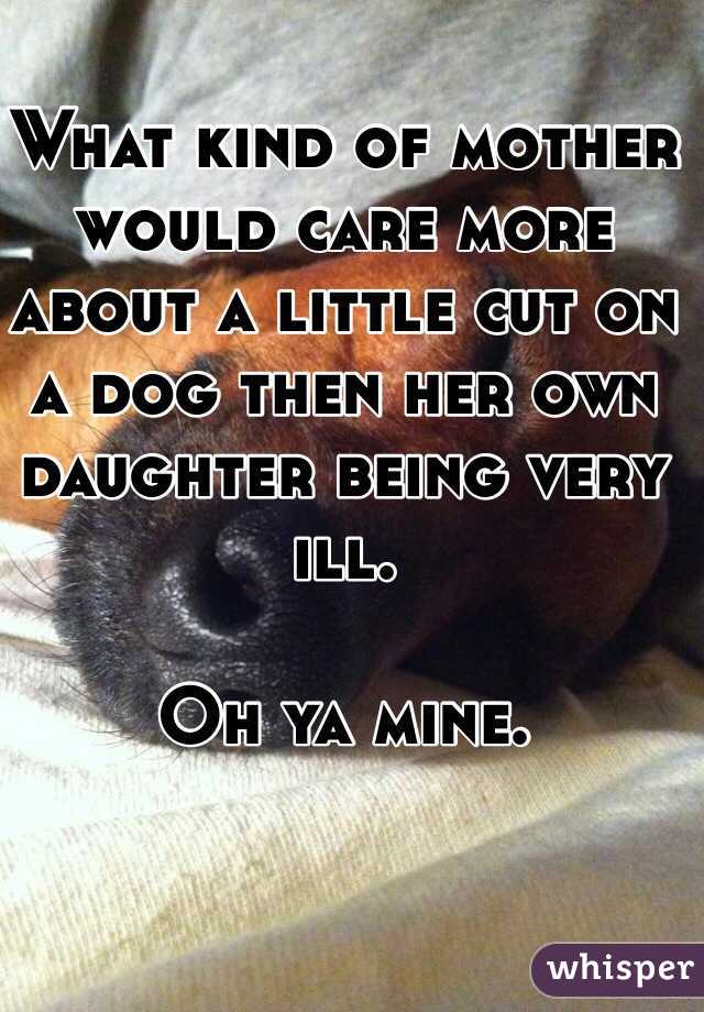 What kind of mother would care more about a little cut on a dog then her own daughter being very ill. 

Oh ya mine.