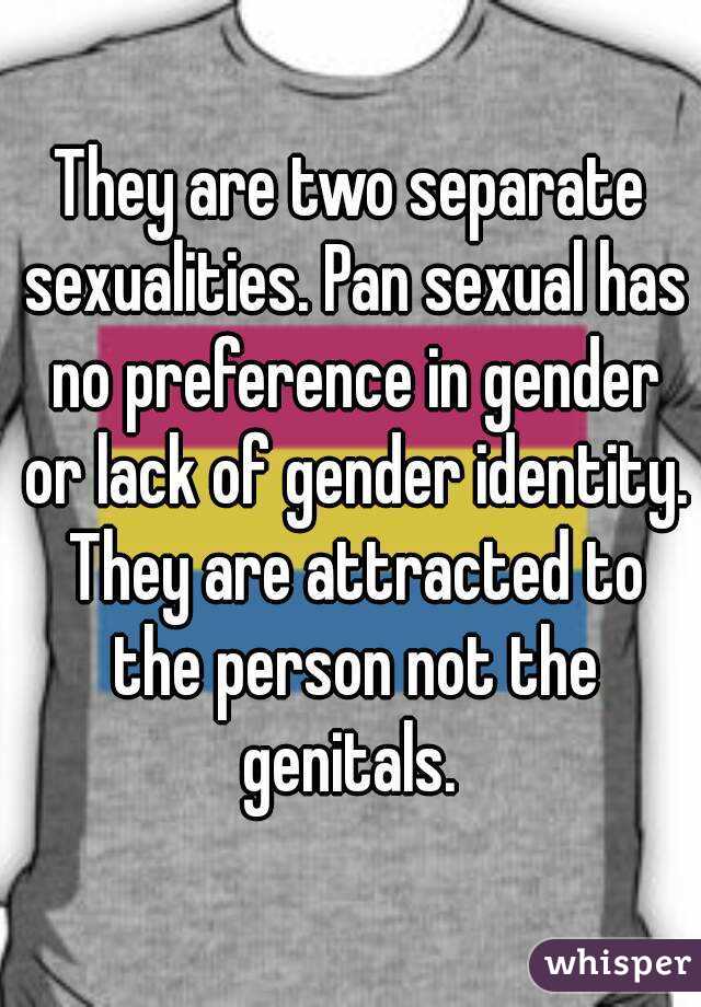 They are two separate sexualities. Pan sexual has no preference in gender or lack of gender identity. They are attracted to the person not the genitals. 