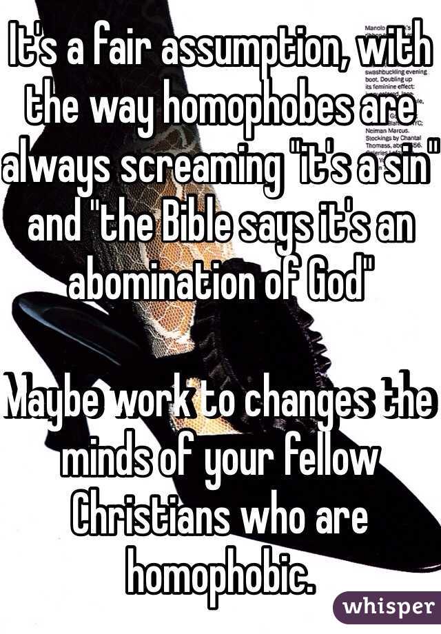 It's a fair assumption, with the way homophobes are always screaming "it's a sin" and "the Bible says it's an abomination of God"

Maybe work to changes the minds of your fellow Christians who are homophobic. 