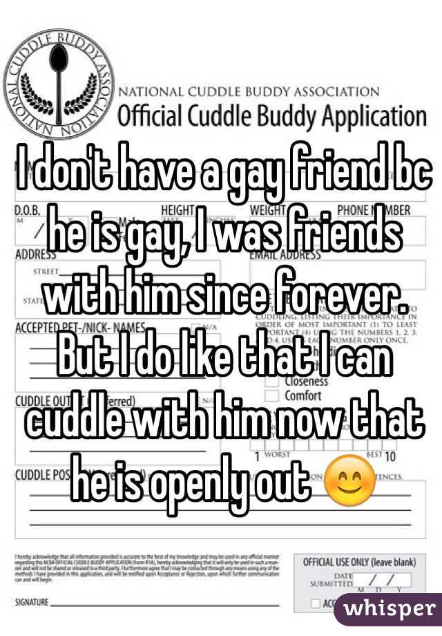 I don't have a gay friend bc he is gay, I was friends with him since forever. But I do like that I can cuddle with him now that he is openly out 😊