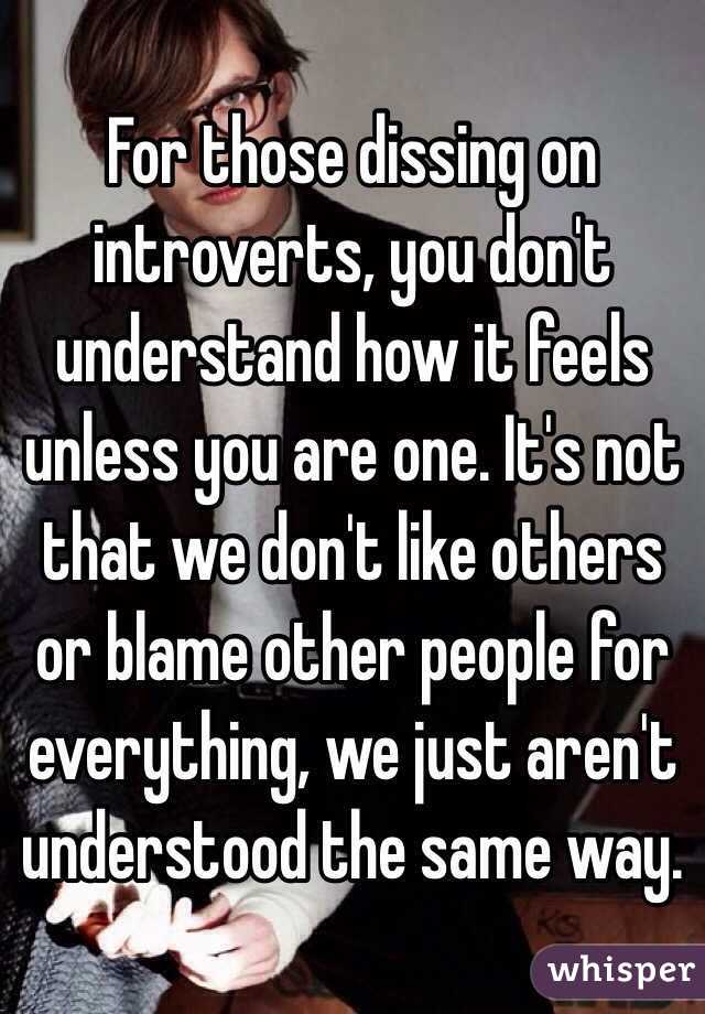 For those dissing on introverts, you don't understand how it feels unless you are one. It's not that we don't like others or blame other people for everything, we just aren't understood the same way. 