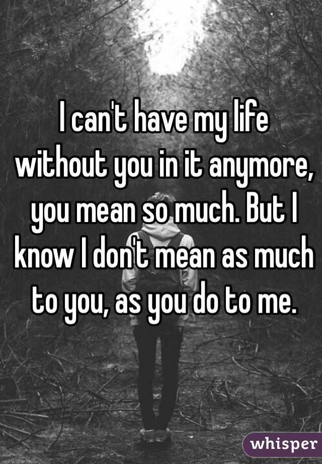 I can't have my life without you in it anymore, you mean so much. But I know I don't mean as much to you, as you do to me.