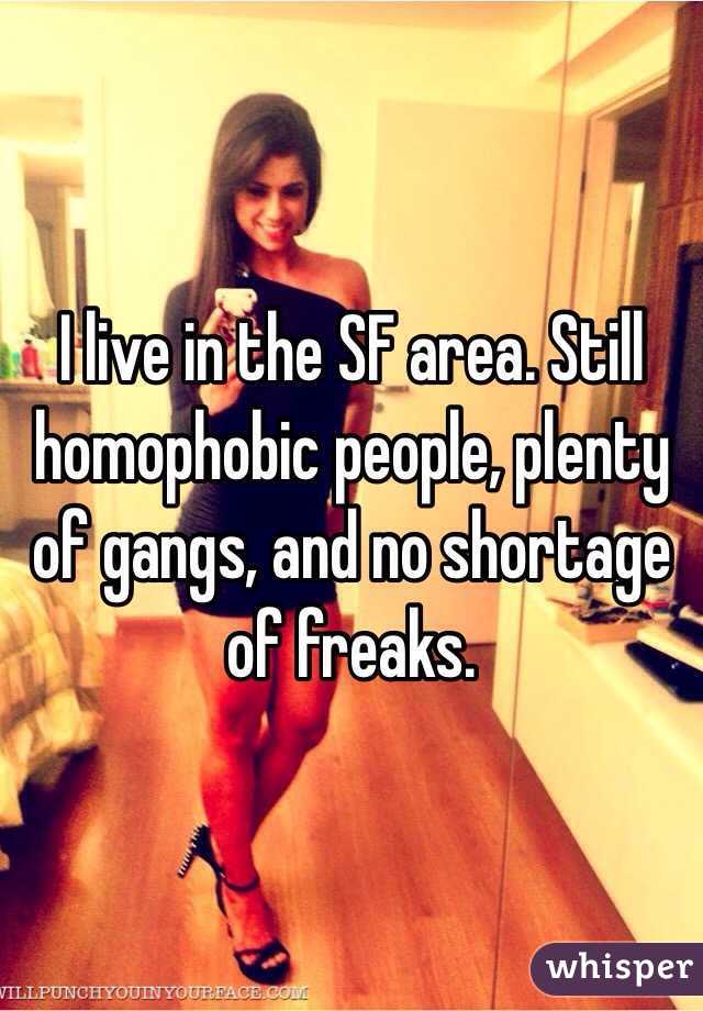 I live in the SF area. Still homophobic people, plenty of gangs, and no shortage of freaks.