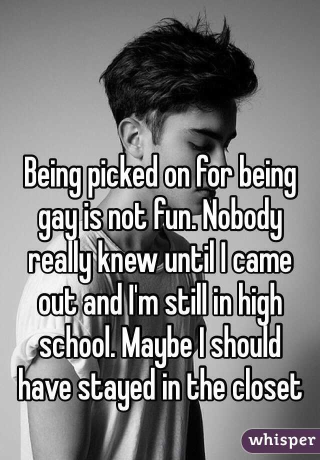Being picked on for being 
gay is not fun. Nobody 
really knew until I came 
out and I'm still in high school. Maybe I should 
have stayed in the closet 