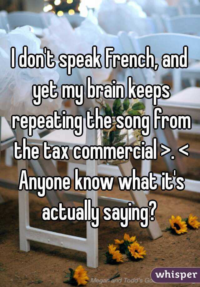 I don't speak French, and yet my brain keeps repeating the song from the tax commercial >. < Anyone know what it's actually saying? 