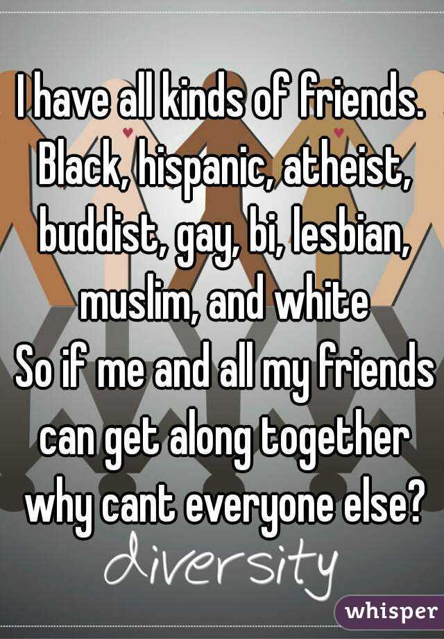I have all kinds of friends. Black, hispanic, atheist, buddist, gay, bi, lesbian, muslim, and white
 So if me and all my friends can get along together why cant everyone else?