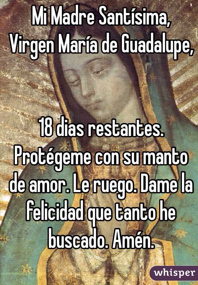 Mi Madre Santísima,
Virgen María de Guadalupe,


18 dias restantes. Protégeme con su manto de amor. Le ruego. Dame la felicidad que tanto he buscado. Amén.