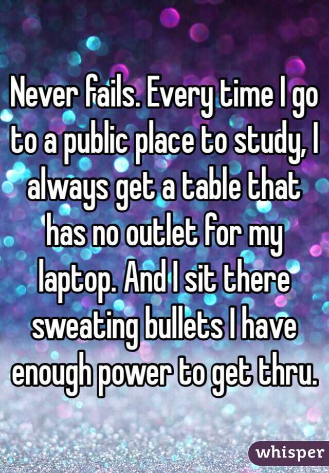 Never fails. Every time I go to a public place to study, I always get a table that has no outlet for my laptop. And I sit there sweating bullets I have enough power to get thru. 